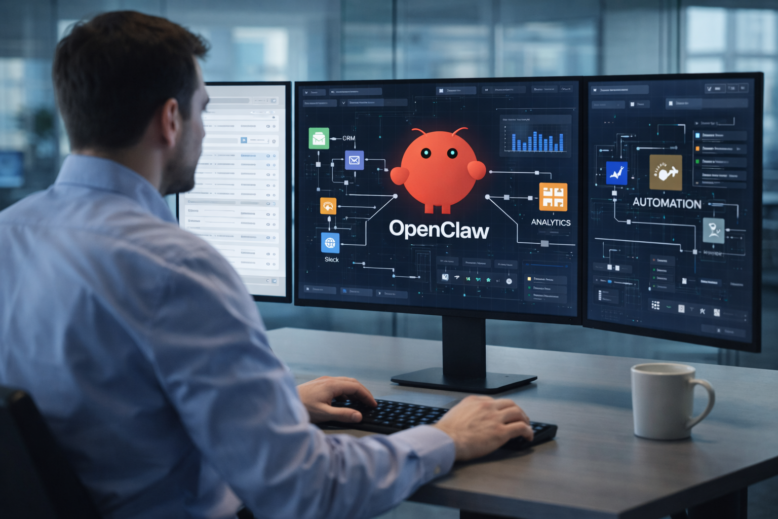Engineer monitoring AI workflow orchestration where the OpenClaw system coordinates CRM, analytics, automation, and communication platform